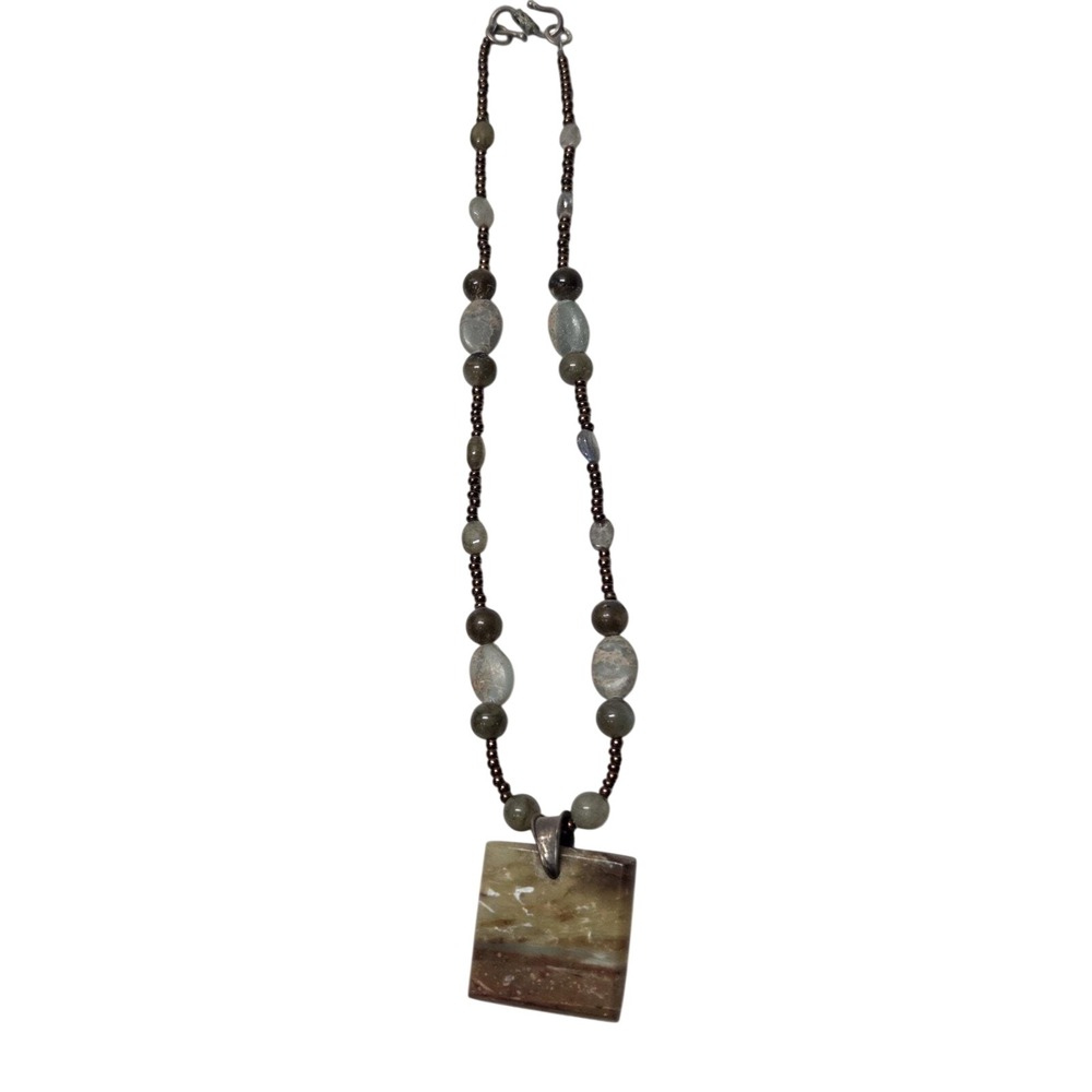 Beaded Pendant Necklace‎ Womens 18" Natural Brown Jasper Labradorite Earthy Boho